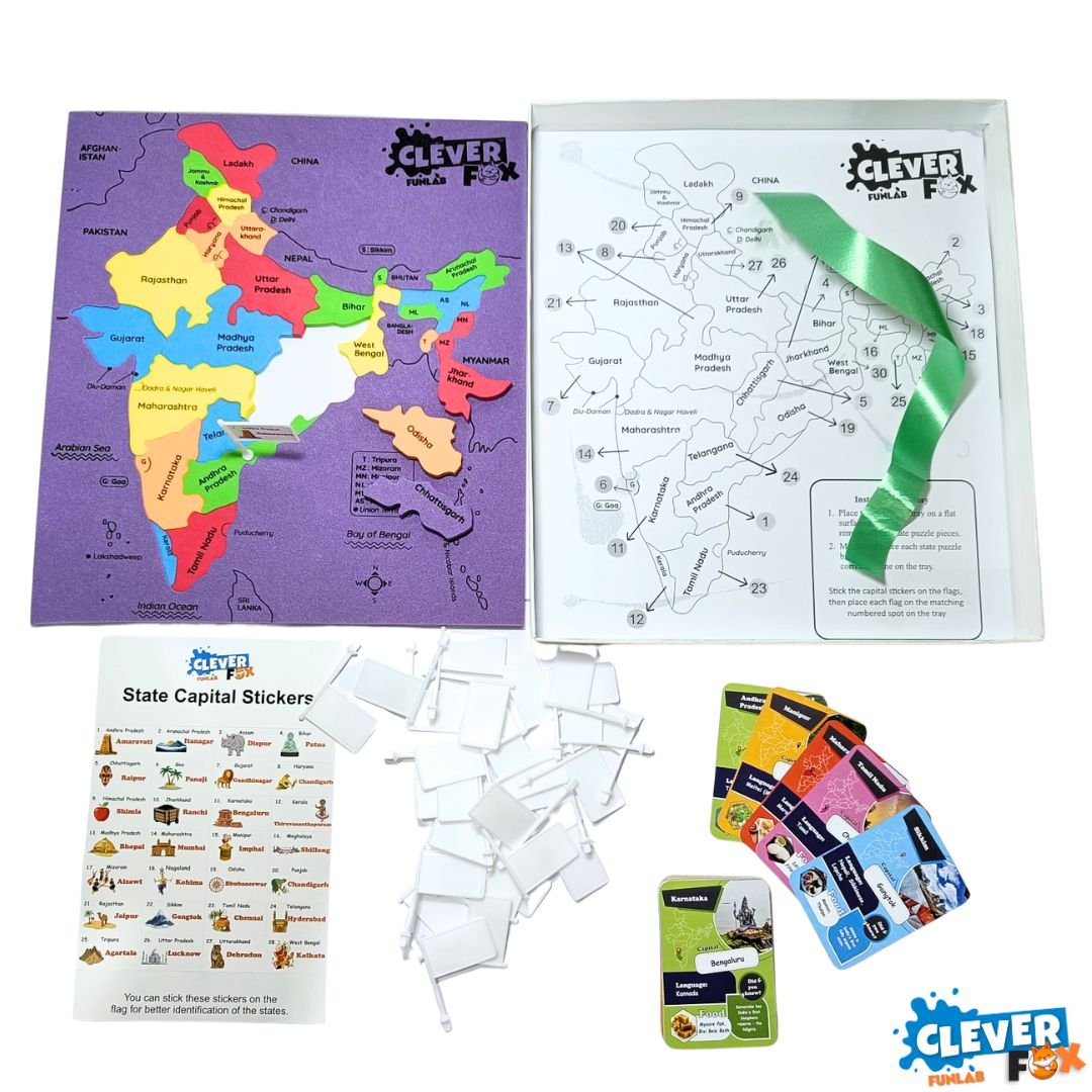 puzzle my india – states & capitals educational map puzzle for kids | india jigsaw with state shaped pieces, mini flags, 28 flash cards with facts & q&a (age 5+) | clever fox funlab puzzle my india – states & capitals educational map puzzle for kids | india jigsaw with state shaped pieces, mini flags, 28 flash cards with facts & q&a (age 5+) | clever fox funlab