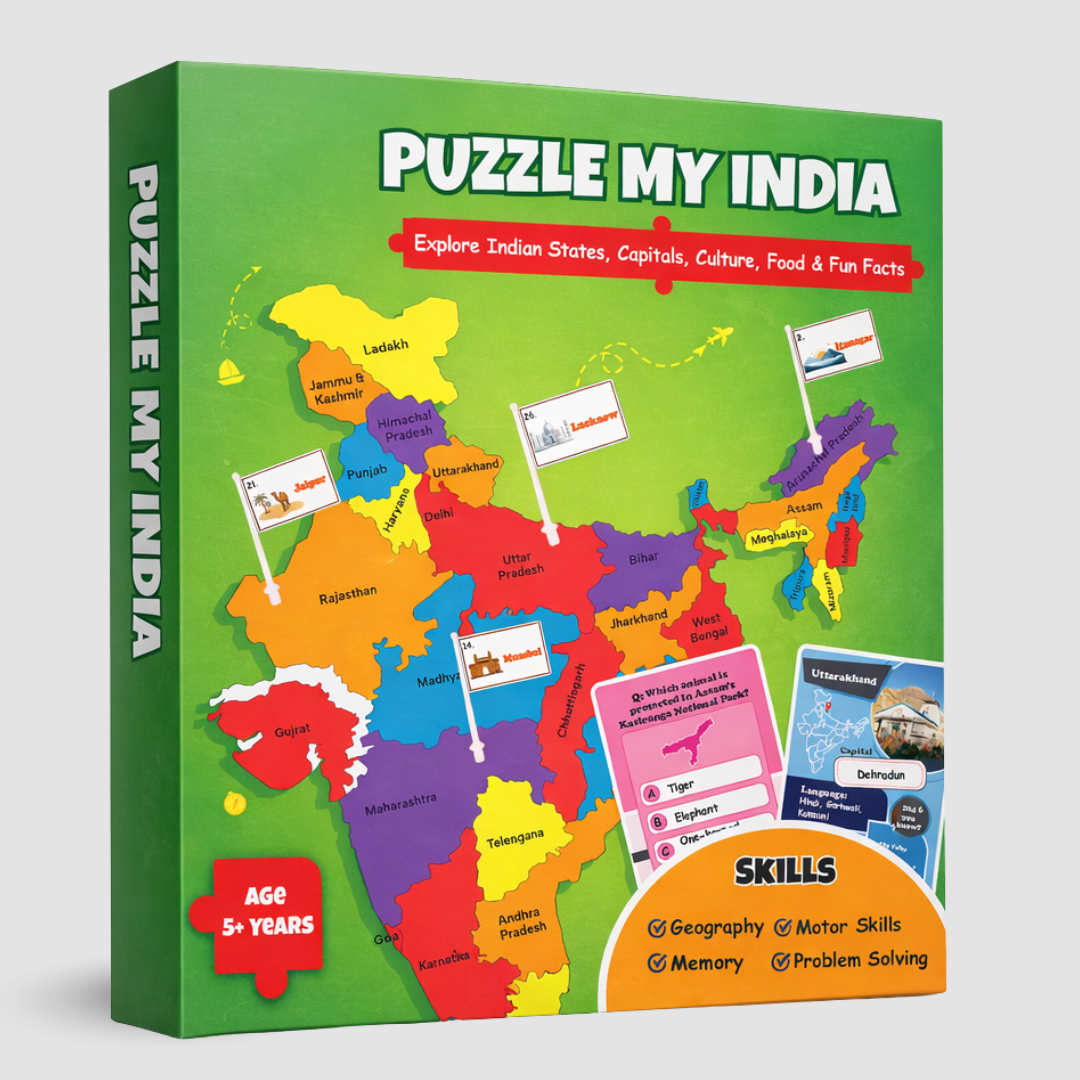 Puzzle My India – States & Capitals Educational Map Puzzle for Kids | India Jigsaw with State-Shaped Pieces, Mini Flags, 28 Flash Cards with Facts & Q&A (Age 5+) | Clever Fox Funlab
