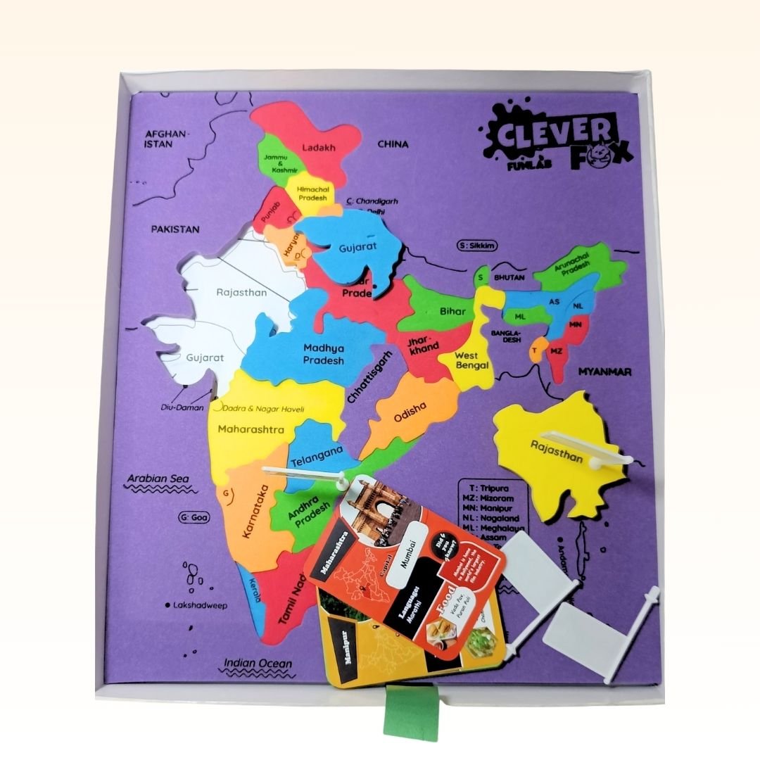 puzzle my india – states & capitals educational map puzzle for kids | india jigsaw with state shaped pieces, mini flags, 28 flash cards with facts & q&a (age 5+) | clever fox funlab puzzle my india – states & capitals educational map puzzle for kids | india jigsaw with state shaped pieces, mini flags, 28 flash cards with facts & q&a (age 5+) | clever fox funlab