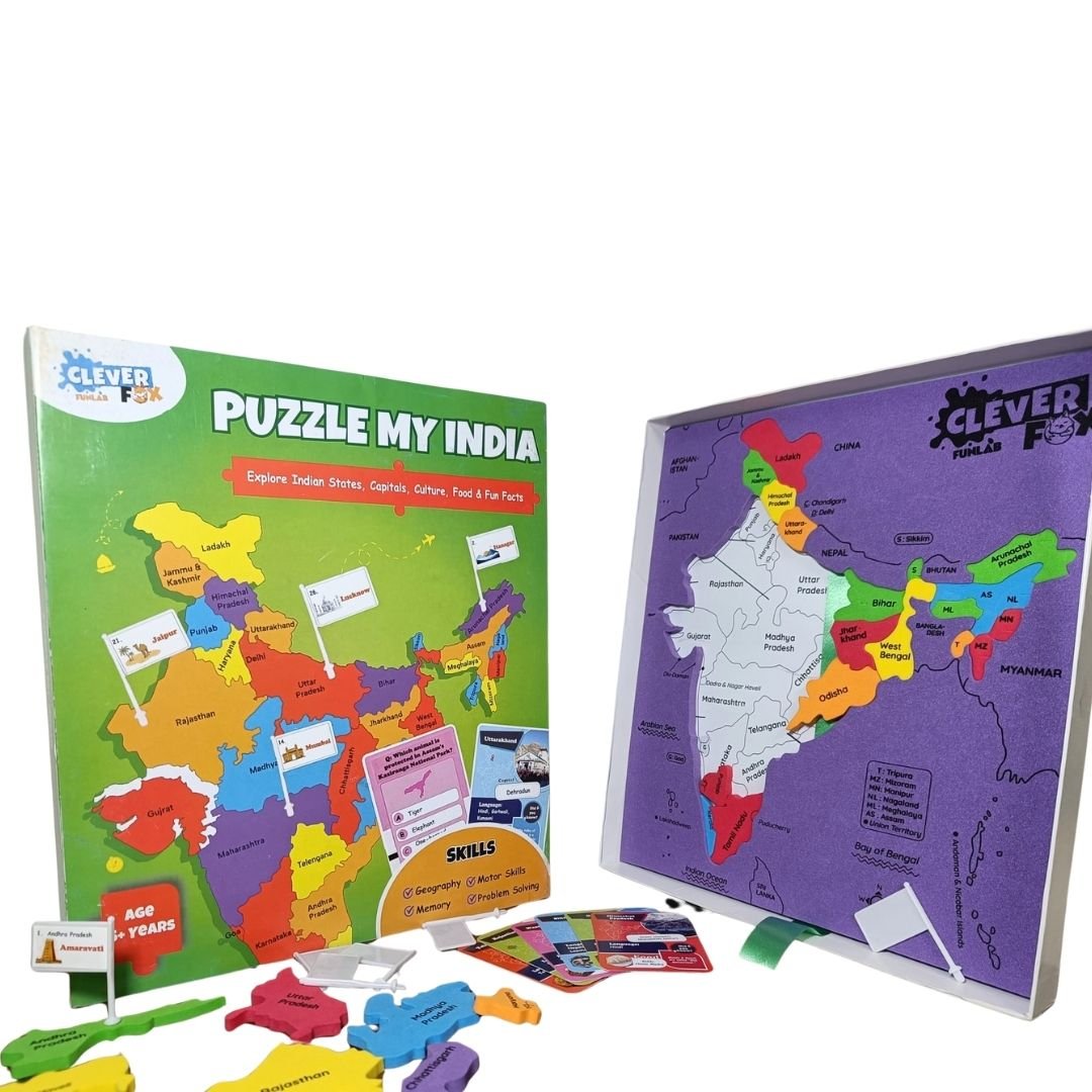 puzzle my india – states & capitals educational map puzzle for kids | india jigsaw with state shaped pieces, mini flags, 28 flash cards with facts & q&a (age 5+) | clever fox funlab puzzle my india – states & capitals educational map puzzle for kids | india jigsaw with state shaped pieces, mini flags, 28 flash cards with facts & q&a (age 5+) | clever fox funlab