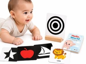 clever fox 3 stage baby flash cards with wood stand | 32 high contrast flashcards b&w to full color sensory objects | 12 page parenting guide & manual | montessori tummy time newborn toys | 0 18 months age range