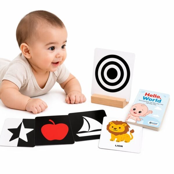 clever-fox-3-stage-baby-flash-cards-with-wood-stand-32-high-contrast-flashcards-bw-to-full-color-sensory-objects-12-page-parenting-guide-manual-montessori-tummy-time-newborn-toys-0-18-month
