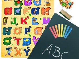 clever fox 2 in 1 wood abc puzzle & chalkboard with phonics guide montessori alphabet letter toy for toddlers 2 4 educational learning kit with 12 chalks & duster