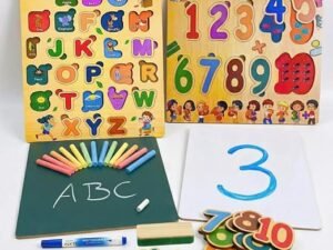 2 in 1 wooden alphabet & number puzzle set with interactive phonics – montessori abc & 123 board with double sided chalkboard & whiteboard, marker, chalk – learning toy age 3 5