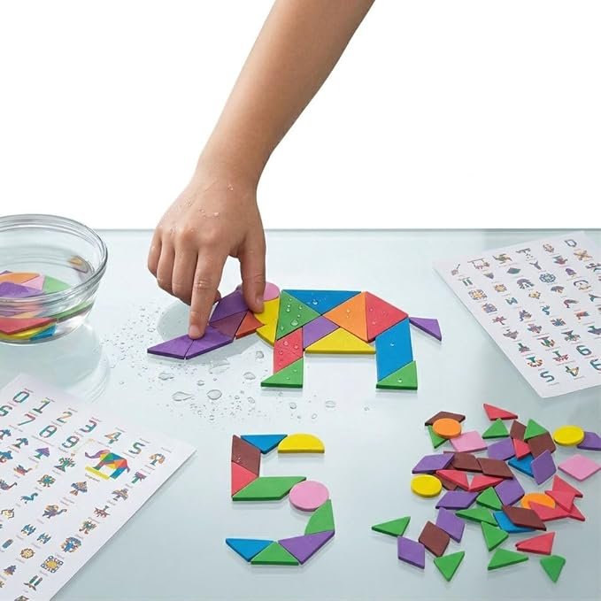 clever fox funlab water sticking eva foam tangram shapes for kids, 50+ multicolour geometric pieces, mess free bath toy & creative wall art clever fox funlab water sticking eva foam tangram shapes for kids, 50+ multicolour geometric pieces, mess free bath toy & creative wall art