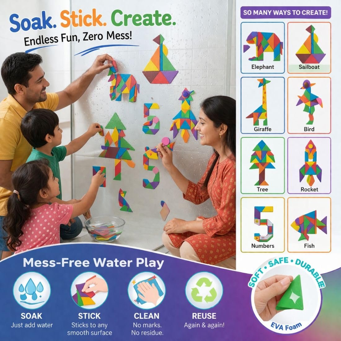 clever fox funlab water sticking eva foam tangram shapes for kids, 50+ multicolour geometric pieces, mess free bath toy & creative wall art clever fox funlab water sticking eva foam tangram shapes for kids, 50+ multicolour geometric pieces, mess free bath toy & creative wall art