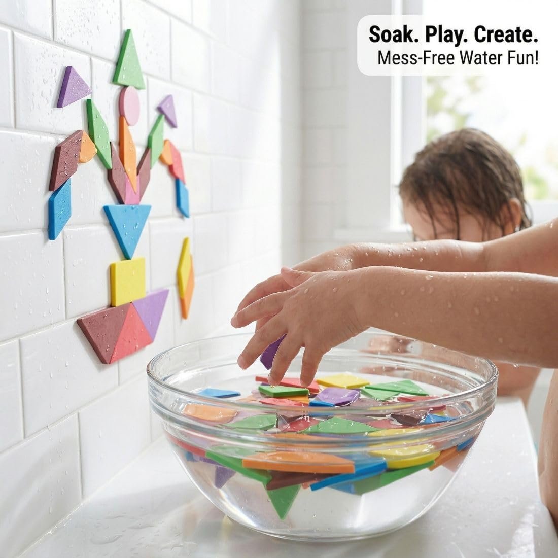 clever fox funlab water sticking eva foam tangram shapes for kids, 50+ multicolour geometric pieces, mess free bath toy & creative wall art clever fox funlab water sticking eva foam tangram shapes for kids, 50+ multicolour geometric pieces, mess free bath toy & creative wall art