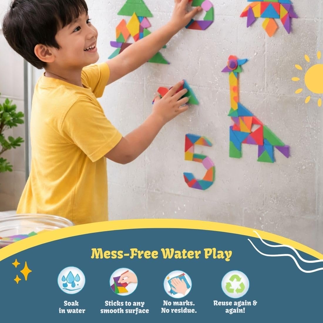 clever fox funlab water sticking eva foam tangram shapes for kids, 50+ multicolour geometric pieces, mess free bath toy & creative wall art clever fox funlab water sticking eva foam tangram shapes for kids, 50+ multicolour geometric pieces, mess free bath toy & creative wall art