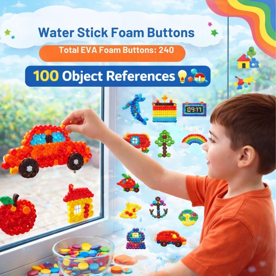 clever fox funlab magic circles, 240 eva foam circle buttons in 6 colours, water stick art kit for kids, includes 100 design reference guide, 3+ years clever fox funlab magic circles, 240 eva foam circle buttons in 6 colours, water stick art kit for kids, includes 100 design reference guide, 3+ years