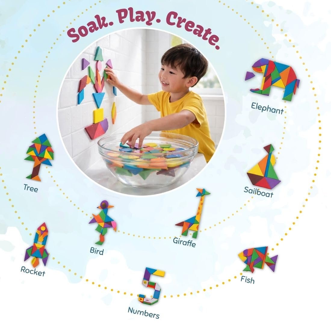 clever fox funlab water sticking eva foam tangram shapes for kids, 50+ multicolour geometric pieces, mess free bath toy & creative wall art clever fox funlab water sticking eva foam tangram shapes for kids, 50+ multicolour geometric pieces, mess free bath toy & creative wall art