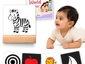 Clever Fox high contrast baby flash cards with wooden stand and parenting guide, with a smiling baby