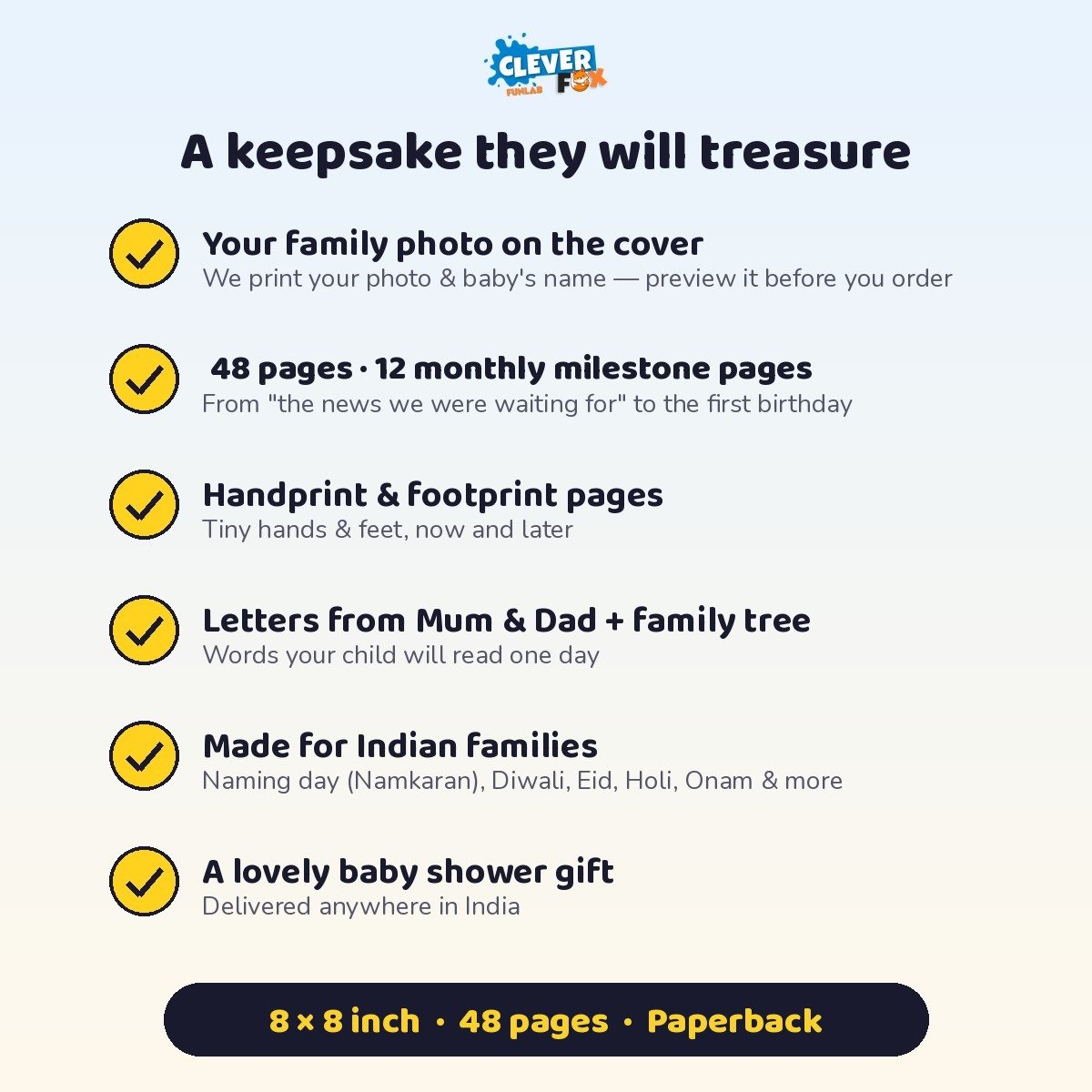 Baby memory book features: family photo cover, 48 pages, handprint pages, family tree