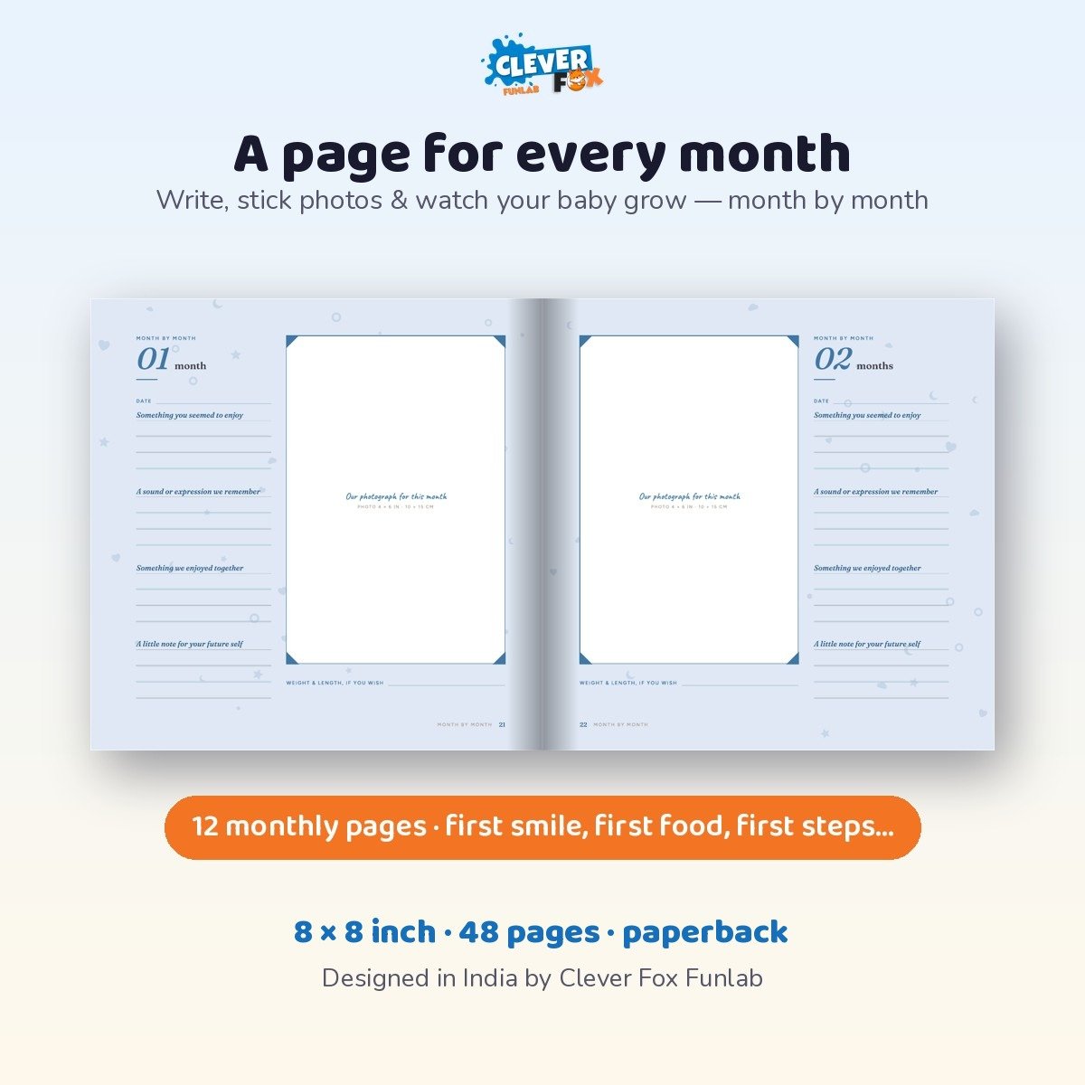 Monthly milestone pages inside the 48-page baby memory book