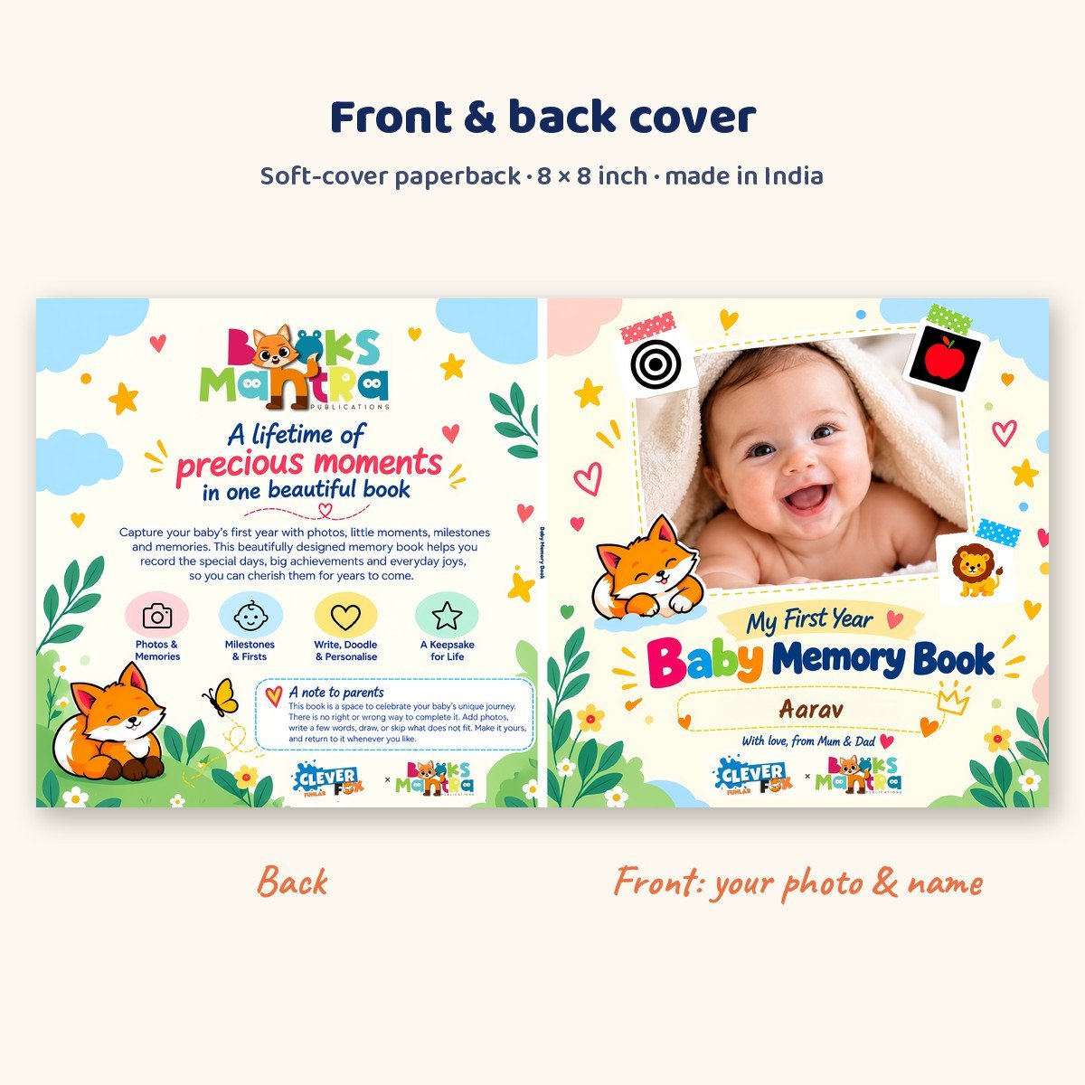 Front and back cover of the personalised baby memory book paperback