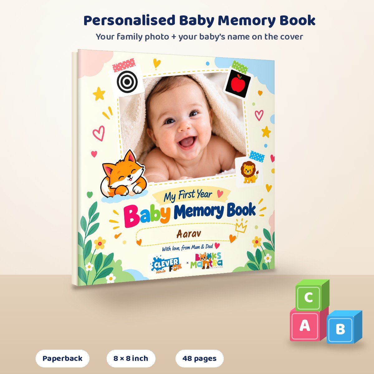 Personalised baby memory book paperback, 48 pages, with your family photo and baby name on the cover