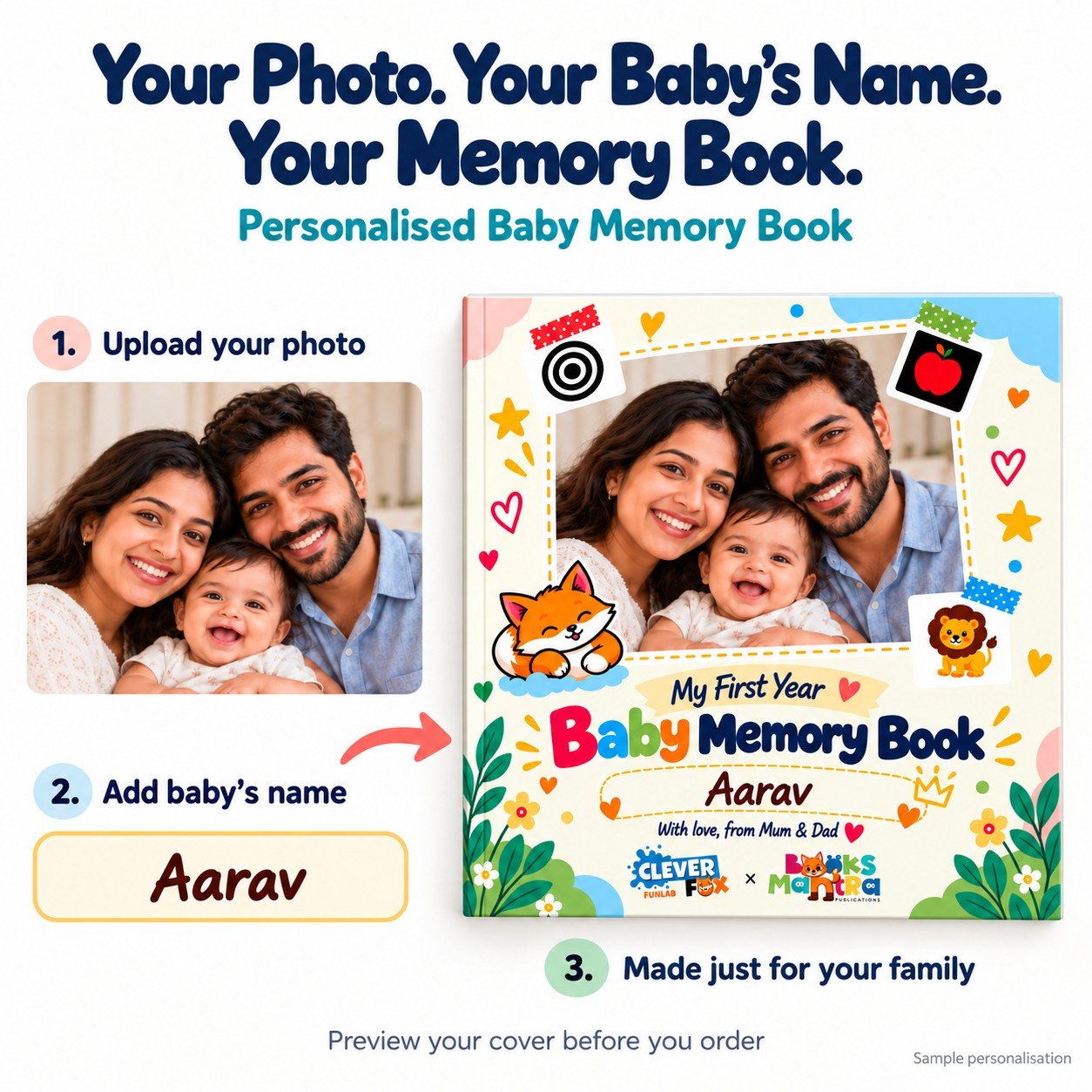 Personalised baby memory book with your baby's photo and name on the cover